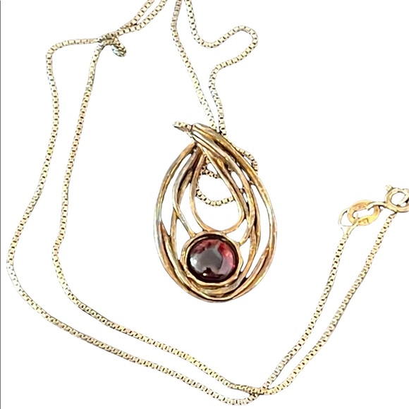 Vintage GF sterling silver garnet pendant necklace chain 925 - Picture 2 of 4